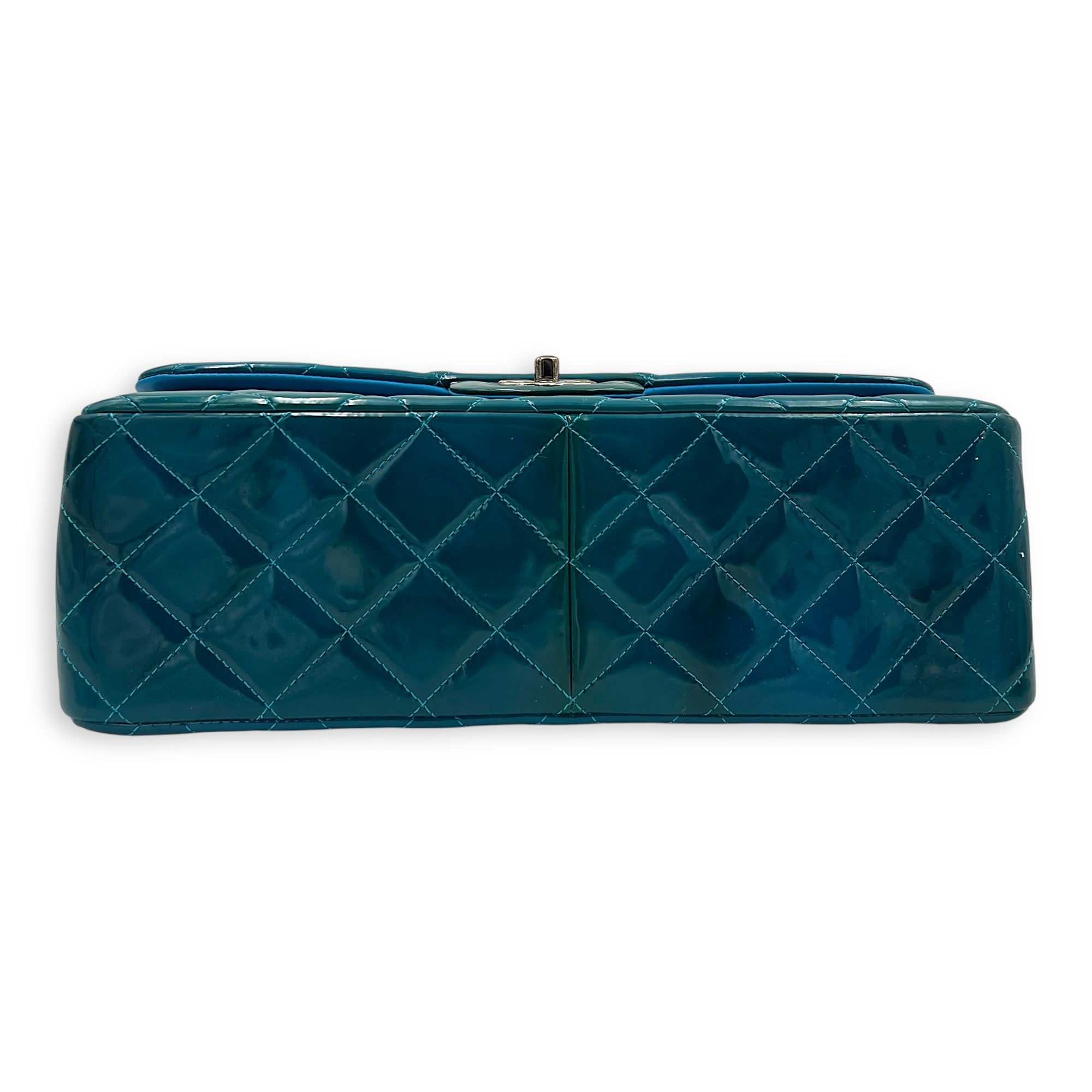 Classic flap Top Handle Bag Blue in Patent leather, Silver hardware