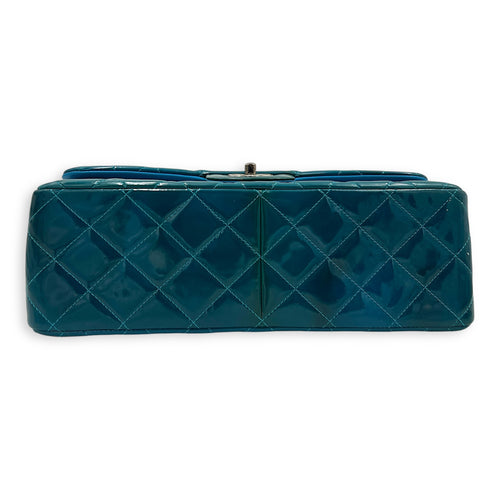 Classic flap Top Handle Bag Blue in Patent leather, Silver hardware