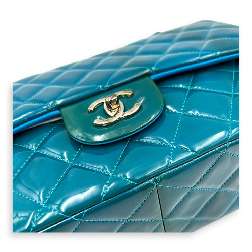 Classic flap Top Handle Bag Blue in Patent leather, Silver hardware