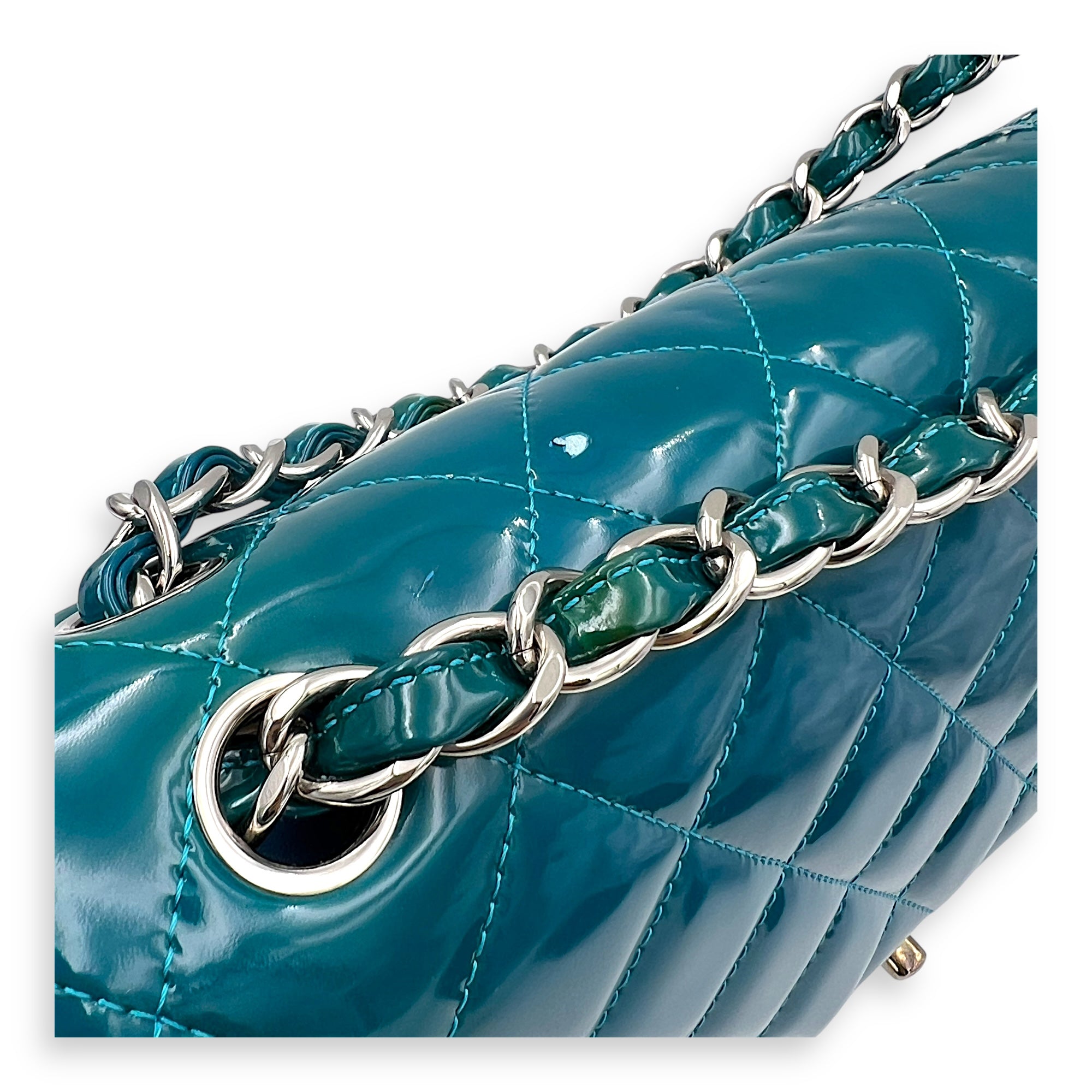 Classic flap Top Handle Bag Blue in Patent leather, Silver hardware