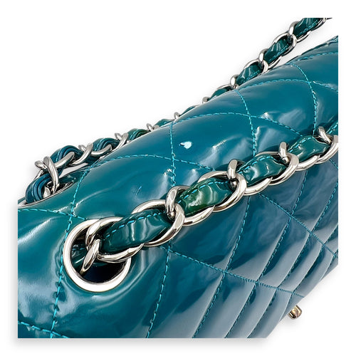 Classic flap Top Handle Bag Blue in Patent leather, Silver hardware