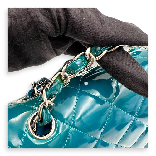Classic flap Top Handle Bag Blue in Patent leather, Silver hardware