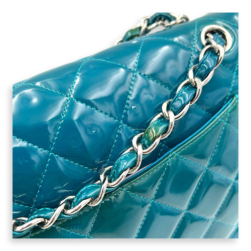Classic flap Top Handle Bag Blue in Patent leather, Silver hardware