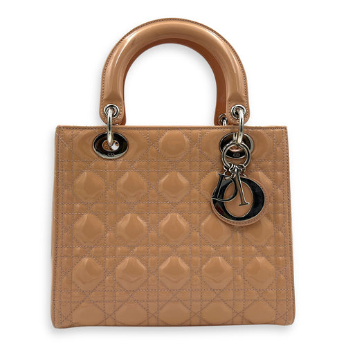 Lady Dior Medium Beige Top Handle Bag in Patent Leather, Silver hardware