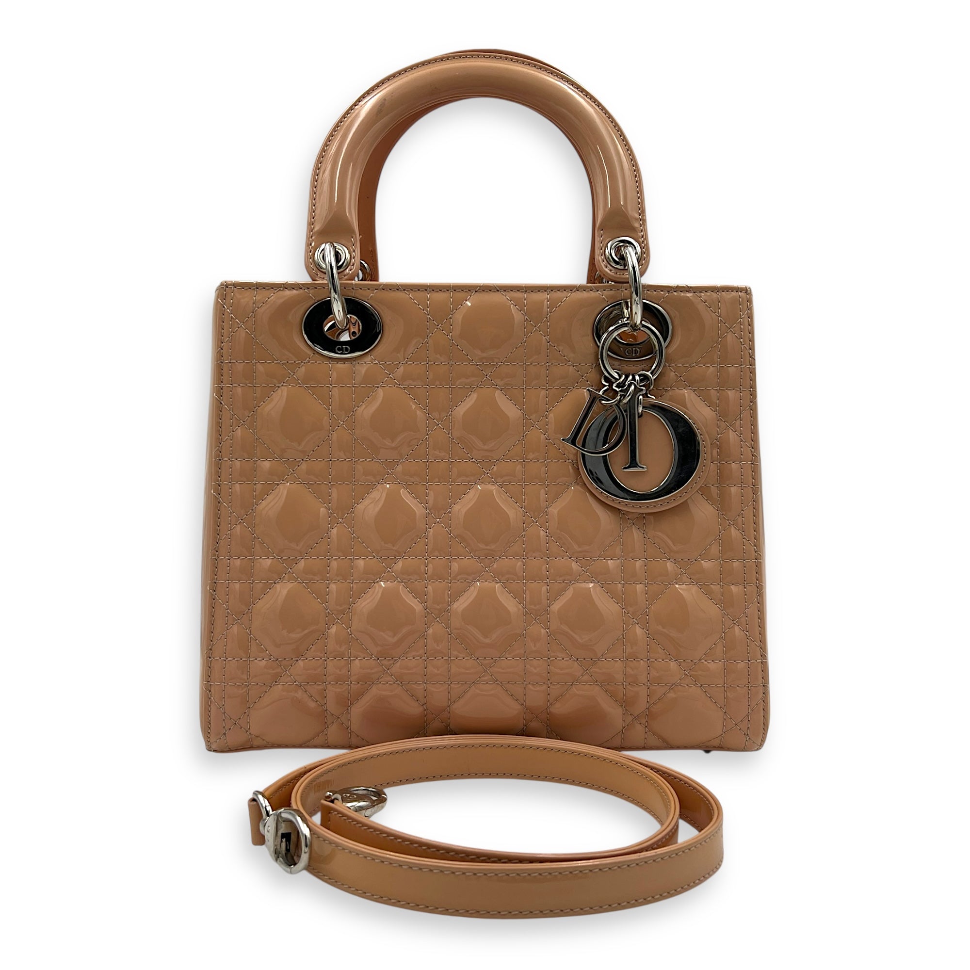 Lady Dior Medium Beige Top Handle Bag in Patent Leather, Silver hardware