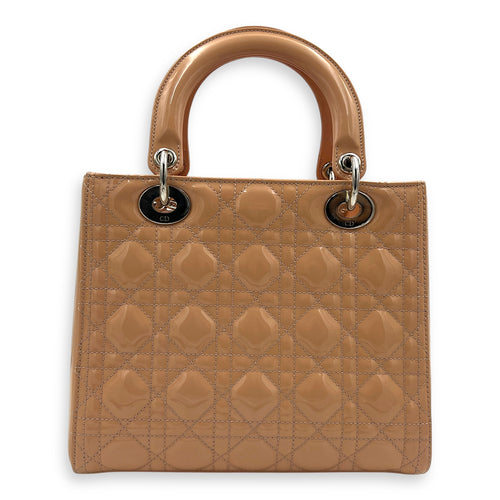Lady Dior Medium Beige Top Handle Bag in Patent Leather, Silver hardware