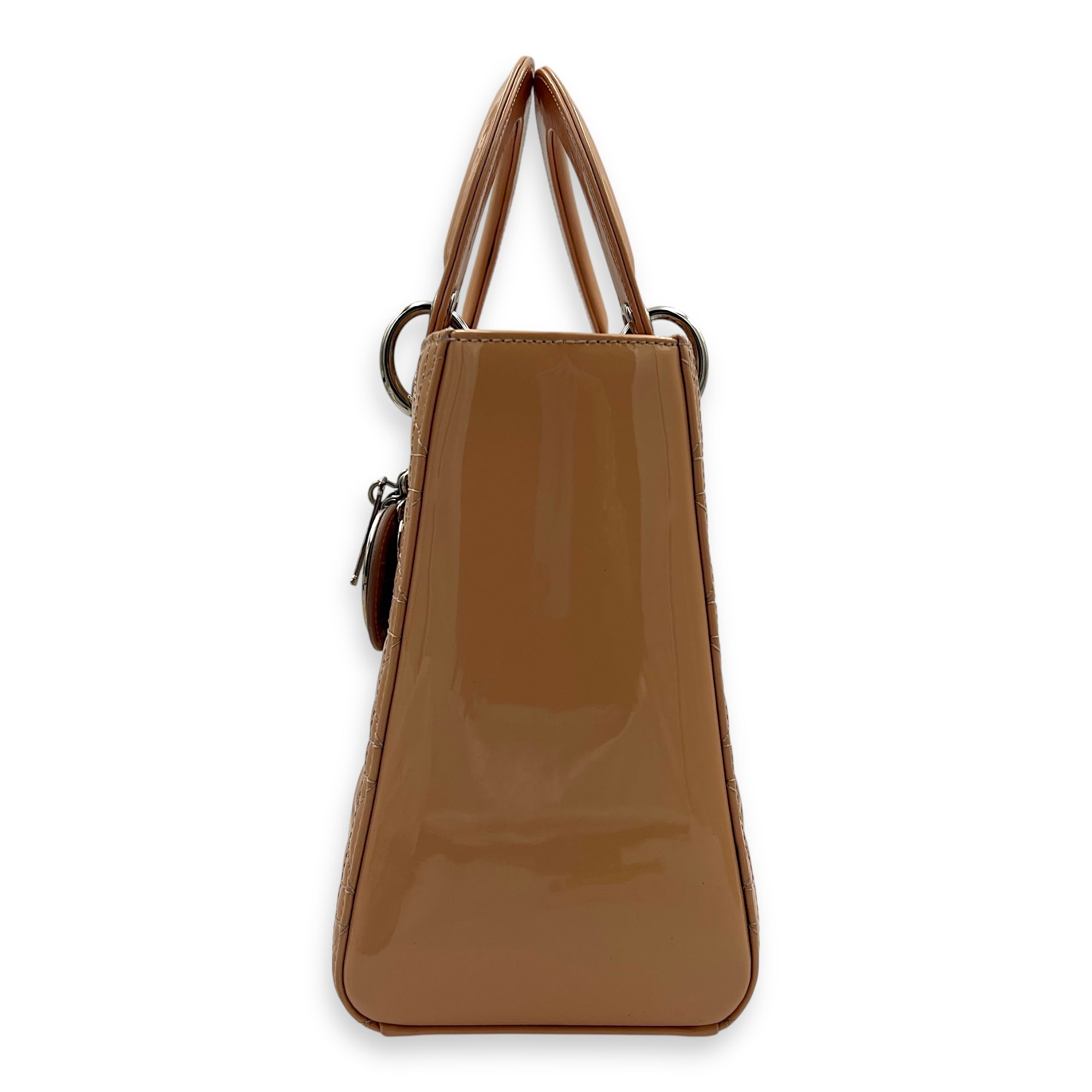 Lady Dior Medium Beige Top Handle Bag in Patent Leather, Silver hardware