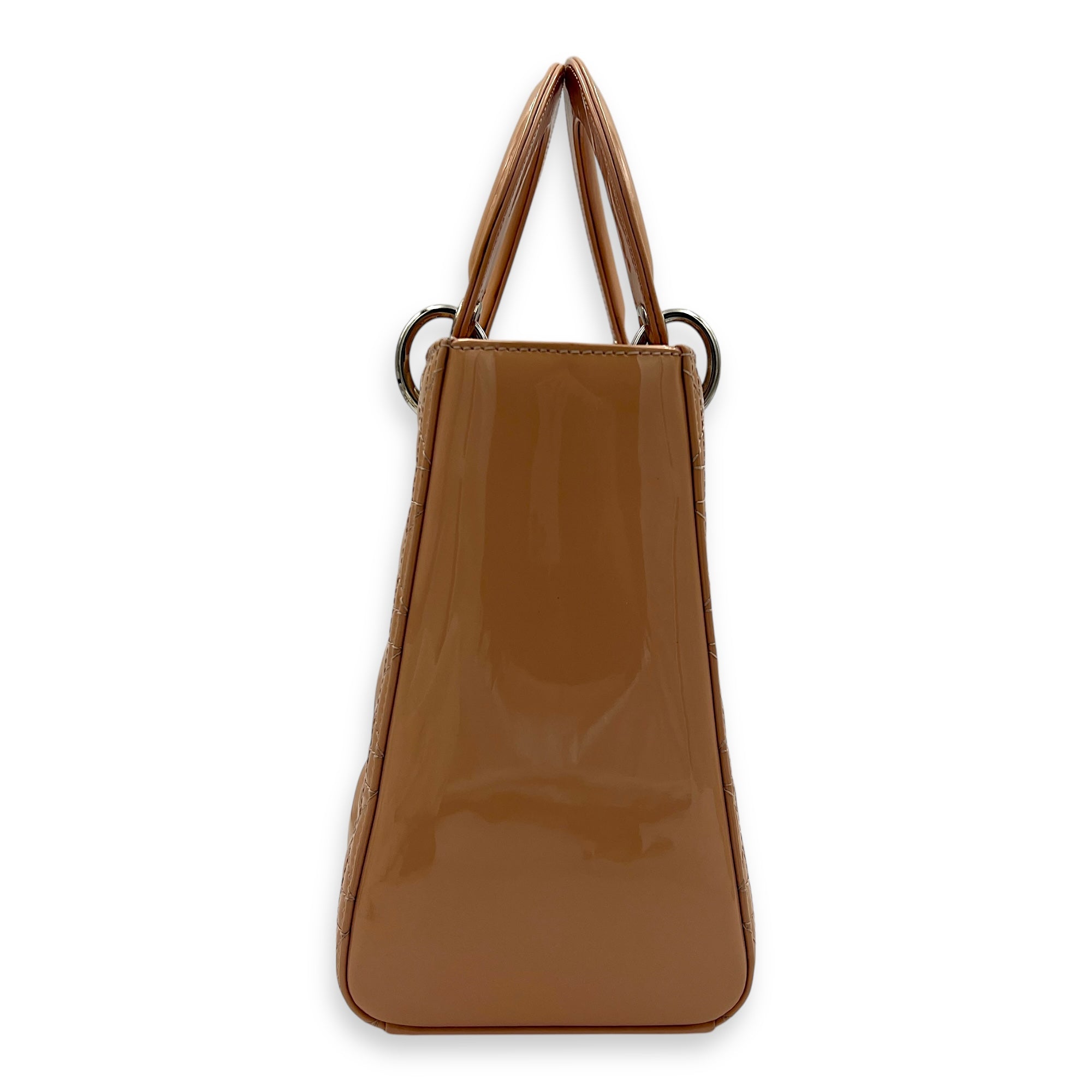 Lady Dior Medium Beige Top Handle Bag in Patent Leather, Silver hardware