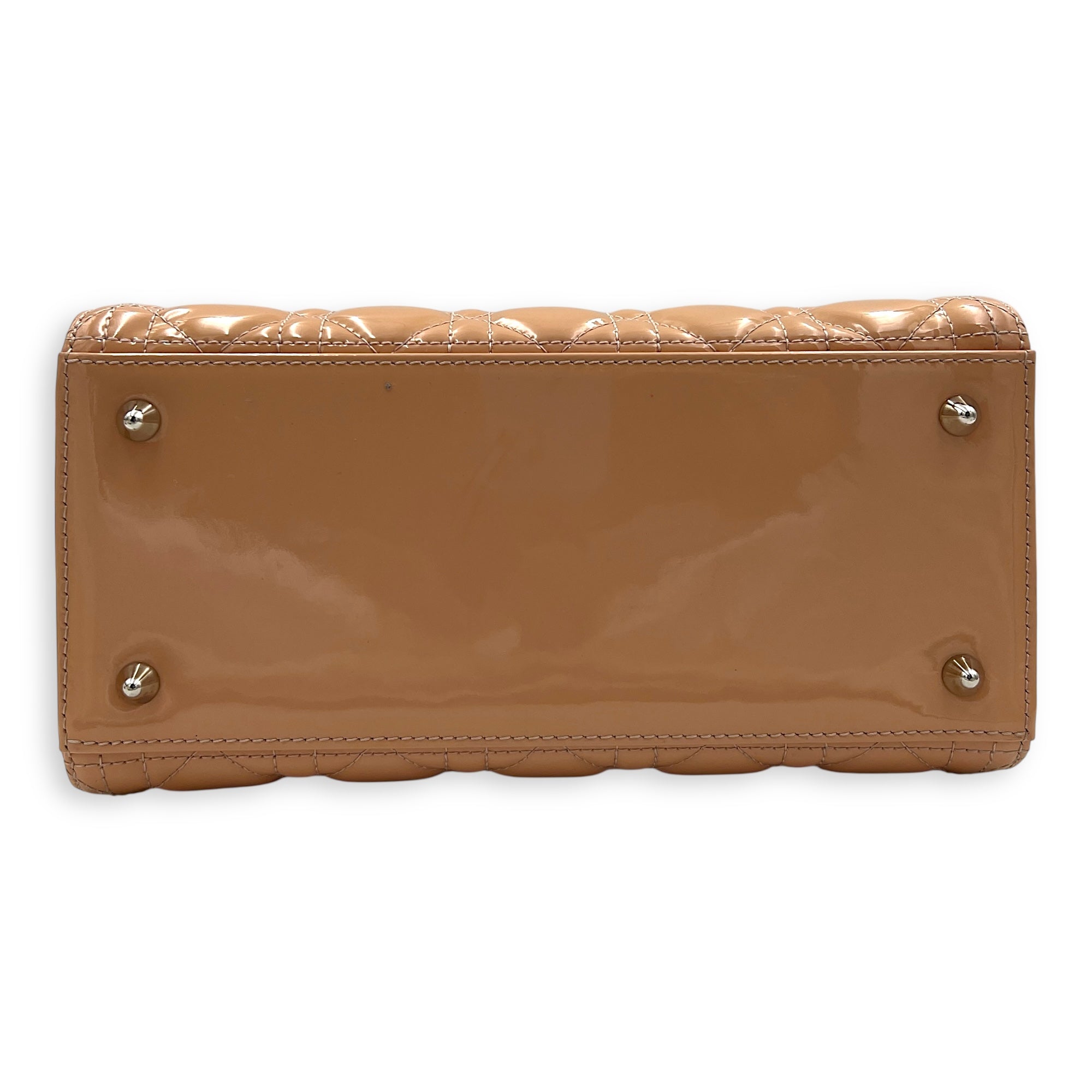 Lady Dior Medium Beige Top Handle Bag in Patent Leather, Silver hardware