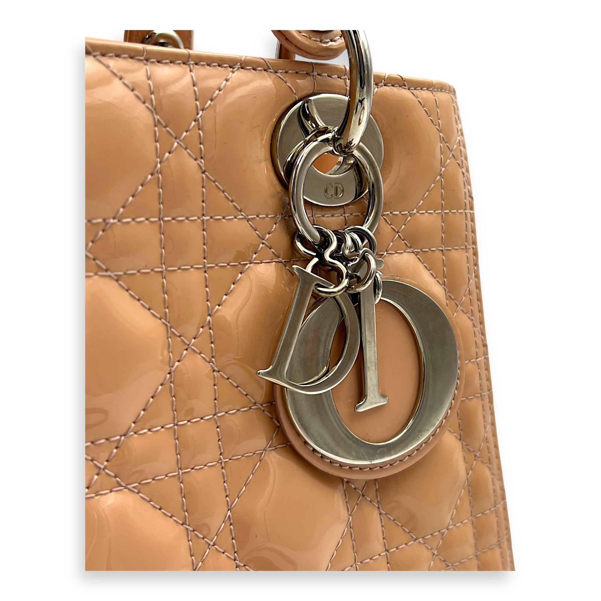 Lady Dior Medium Beige Top Handle Bag in Patent Leather, Silver hardware