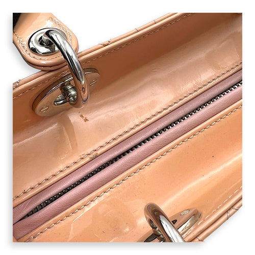 Lady Dior Medium Beige Top Handle Bag in Patent Leather, Silver hardware