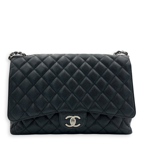 Classic Shoulder Bag Maxi Black in Caviar Leather, Silver hardware