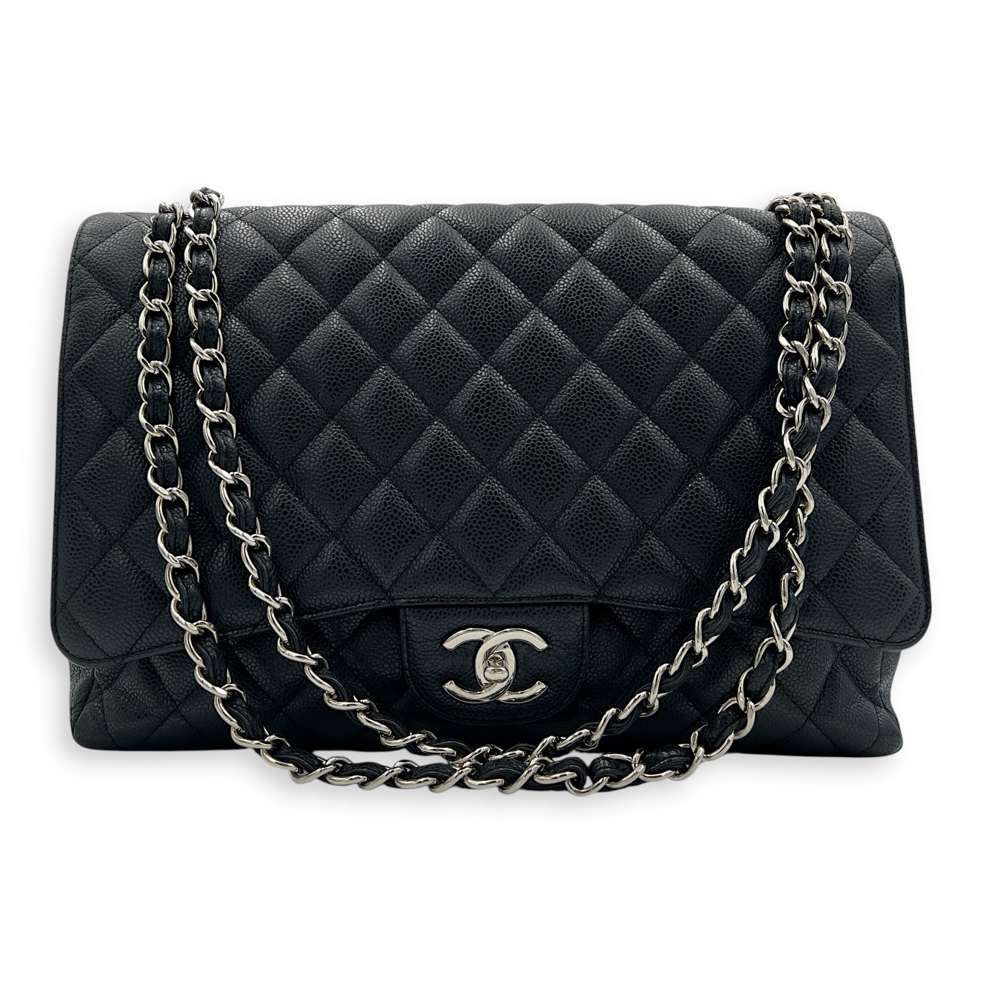 Classic Shoulder Bag Maxi Black in Caviar Leather, Silver hardware