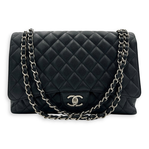 Classic Shoulder Bag Maxi Black in Caviar Leather, Silver hardware