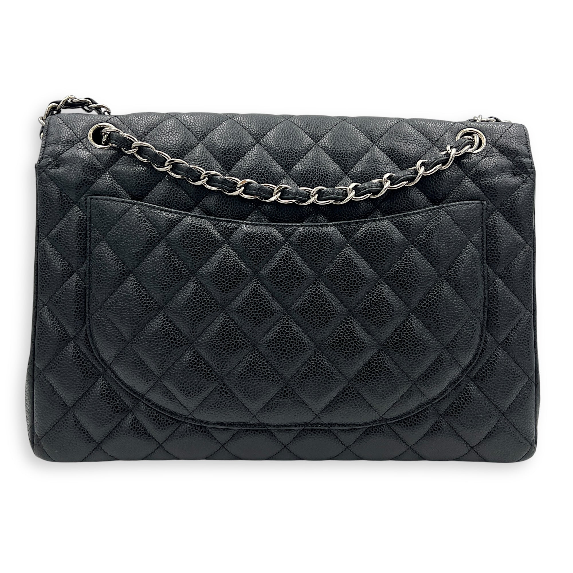 Classic Shoulder Bag Maxi Black in Caviar Leather, Silver hardware