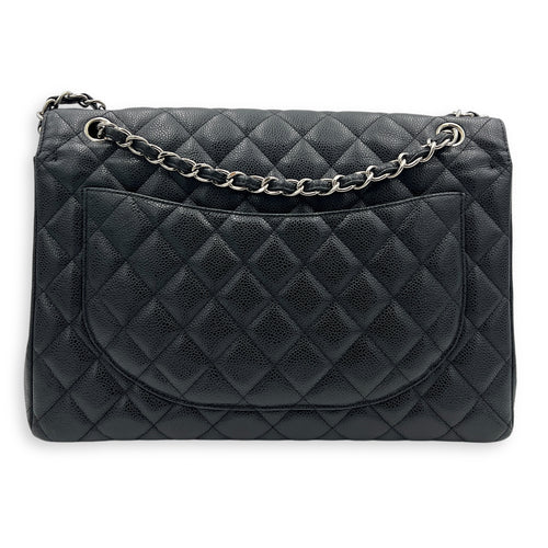 Classic Shoulder Bag Maxi Black in Caviar Leather, Silver hardware