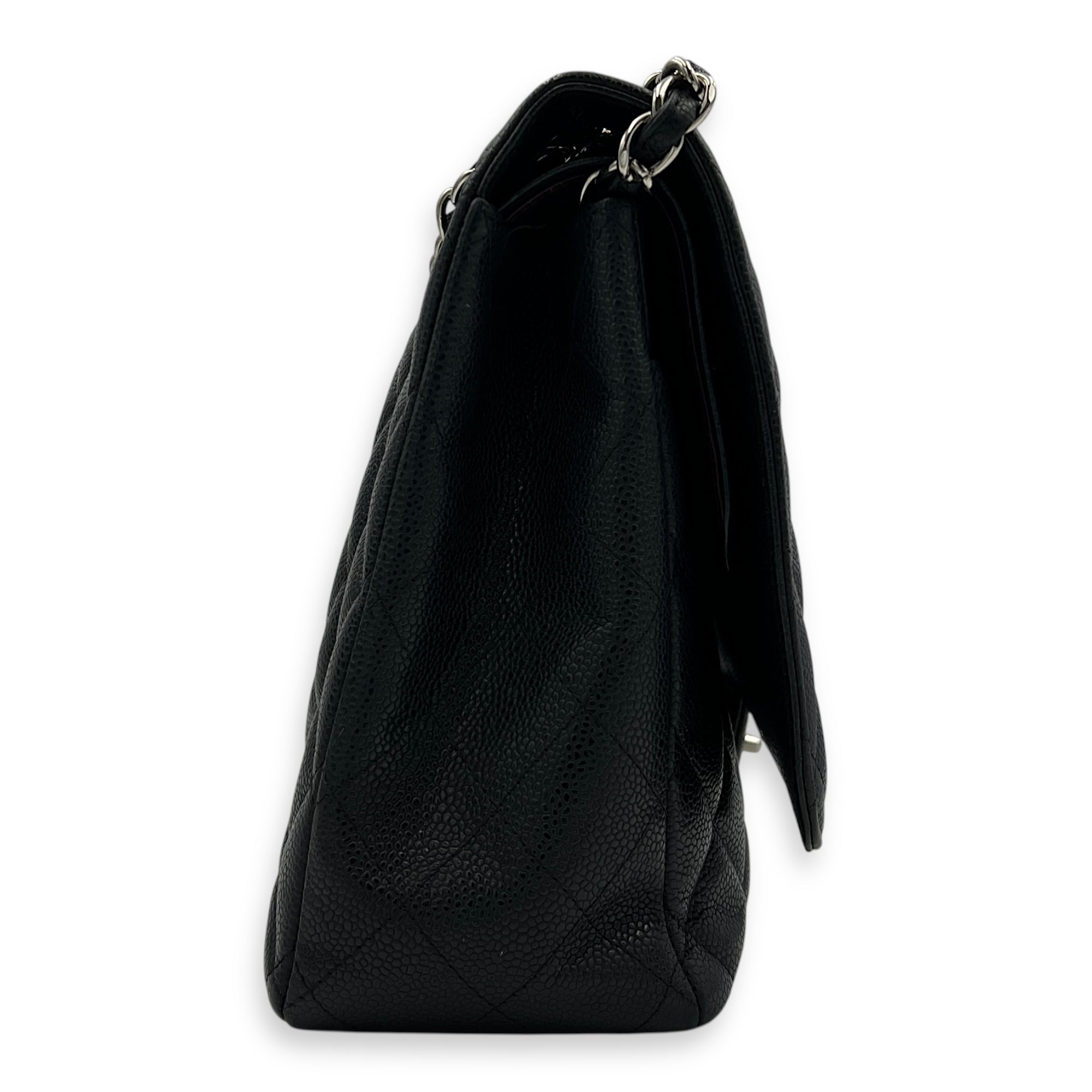 Classic Shoulder Bag Maxi Black in Caviar Leather, Silver hardware
