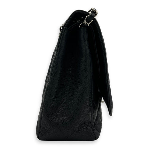 Classic Shoulder Bag Maxi Black in Caviar Leather, Silver hardware