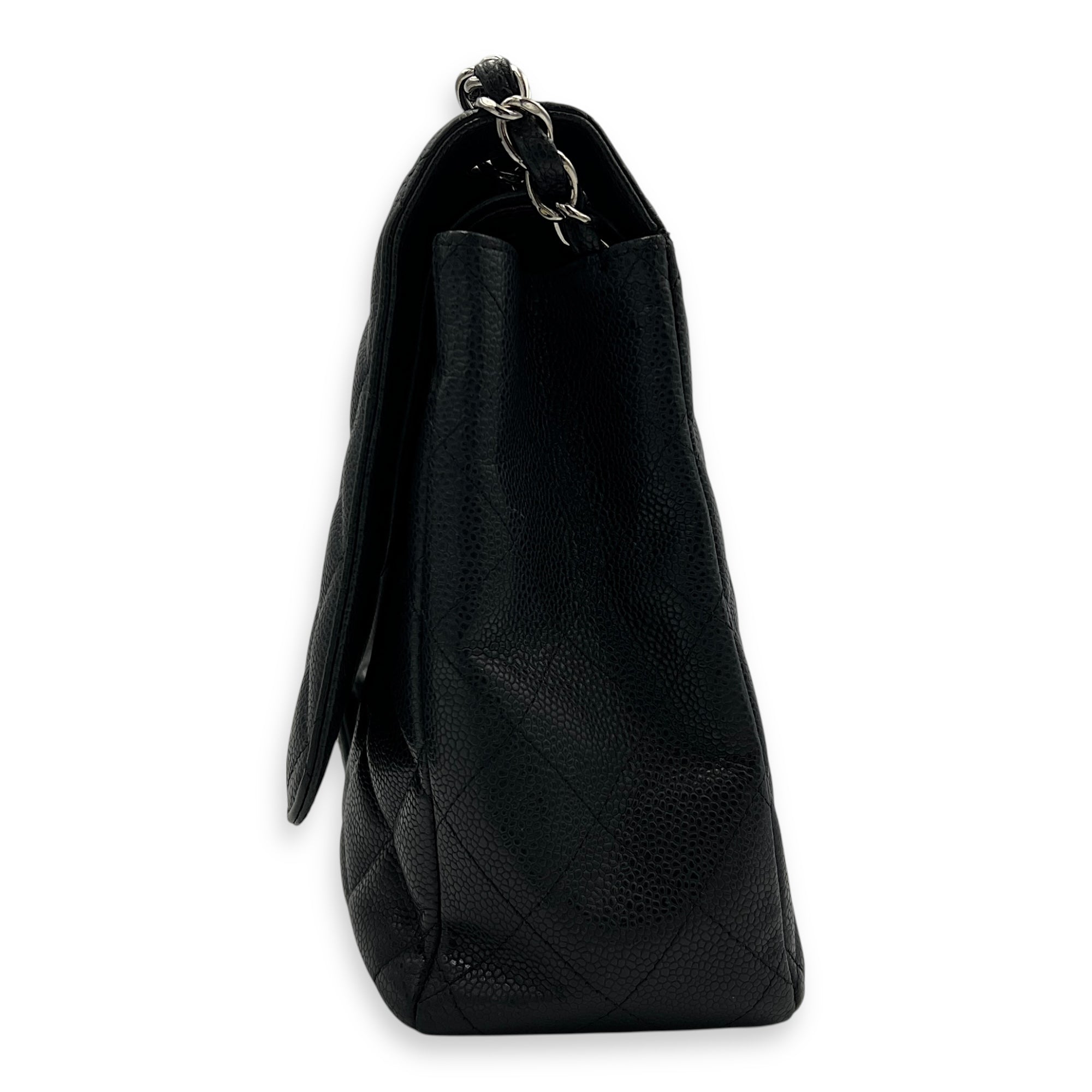 Classic Shoulder Bag Maxi Black in Caviar Leather, Silver hardware