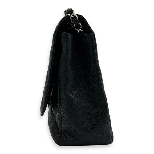 Classic Shoulder Bag Maxi Black in Caviar Leather, Silver hardware