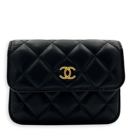 CC Quilted Pearl Crush Mini Black Wallet On Chain in Lambskin, Gold hardware