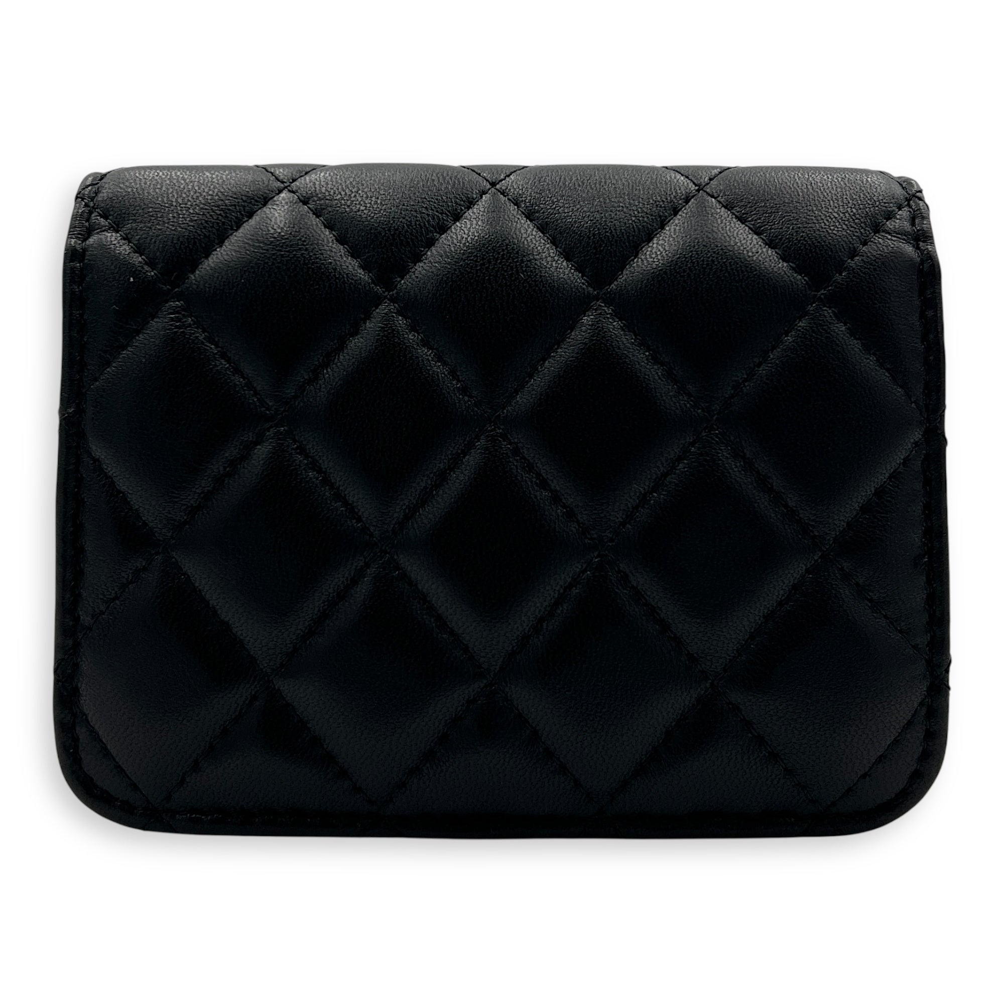 CC Quilted Pearl Crush Mini Black Wallet On Chain in Lambskin, Gold hardware