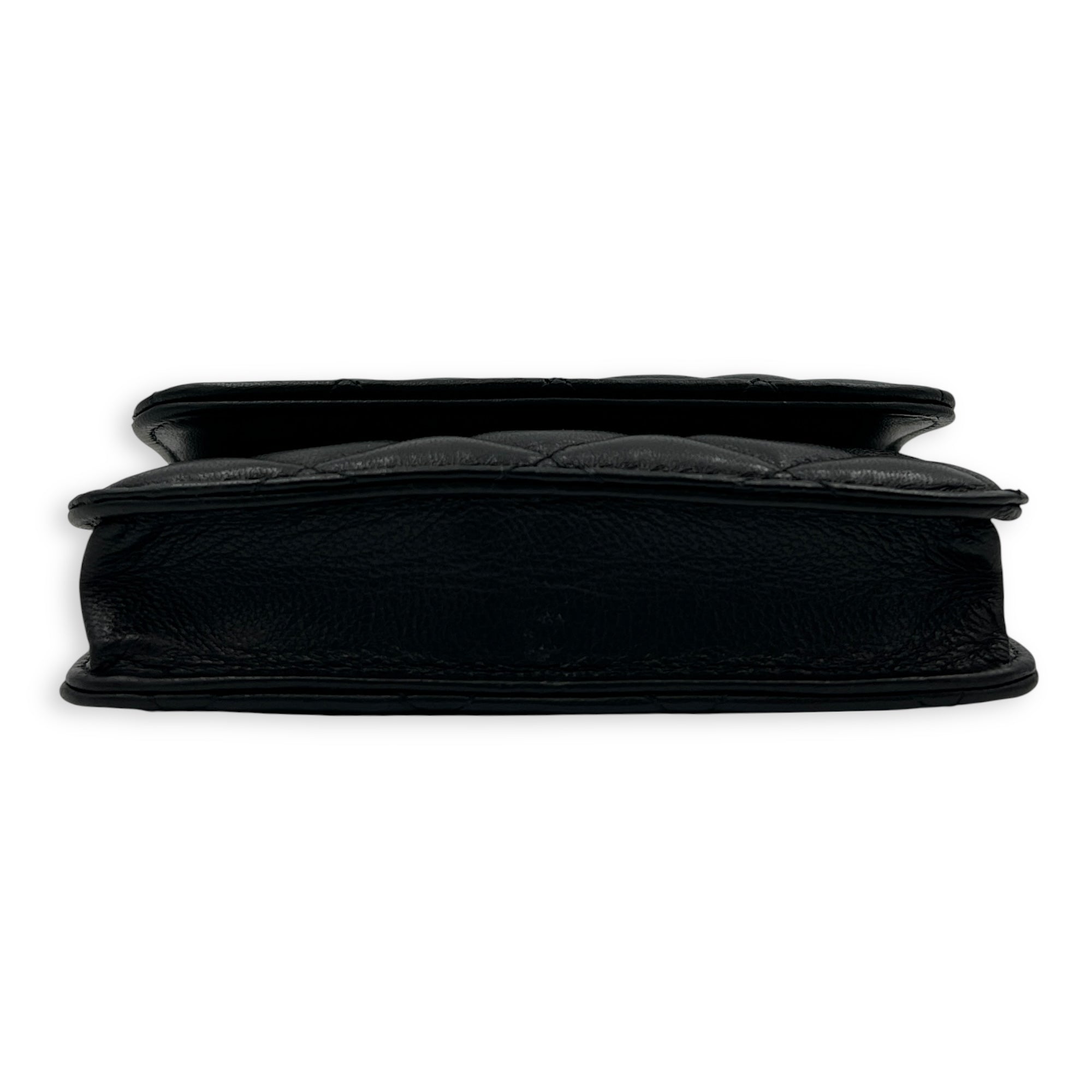 CC Quilted Pearl Crush Mini Black Wallet On Chain in Lambskin, Gold hardware