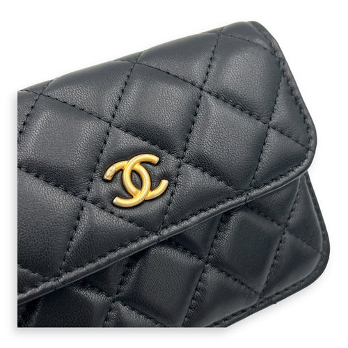 CC Quilted Pearl Crush Mini Black Wallet On Chain in Lambskin, Gold hardware