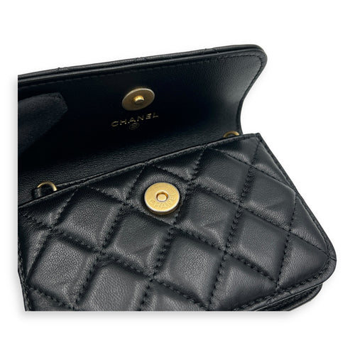 CC Quilted Pearl Crush Mini Black Wallet On Chain in Lambskin, Gold hardware