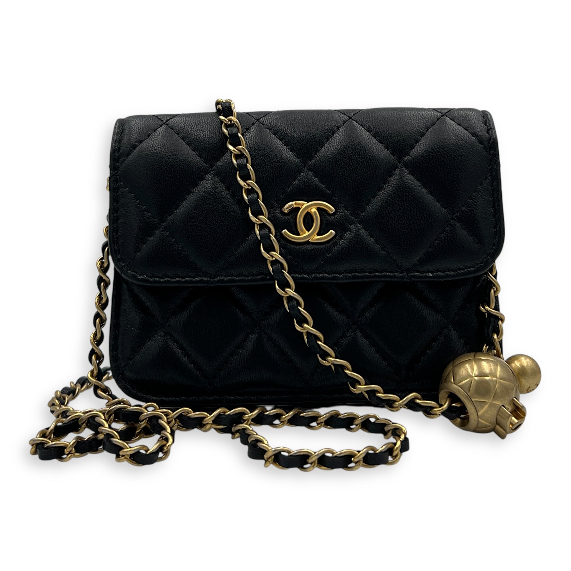 CC Quilted Pearl Crush Mini Black Wallet On Chain in Lambskin, Gold hardware