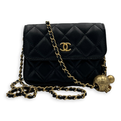 CC Quilted Pearl Crush Mini Black Wallet On Chain in Lambskin, Gold hardware