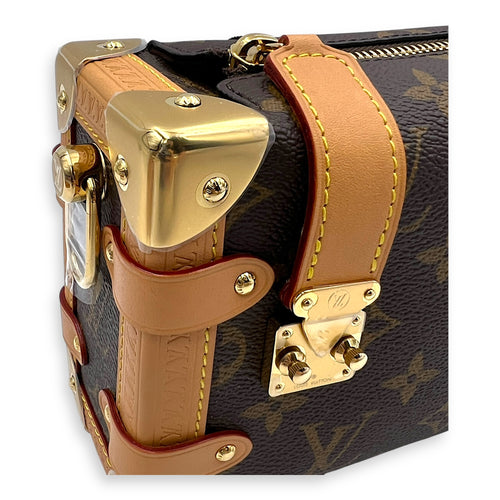 Side Trunk Shoulder Bag PM Brown in Coated Canvas, Gold hardware