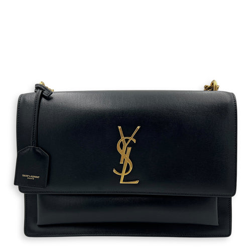 Sunset Shoulder Bag Large Black in Calfskin, Gold hardware