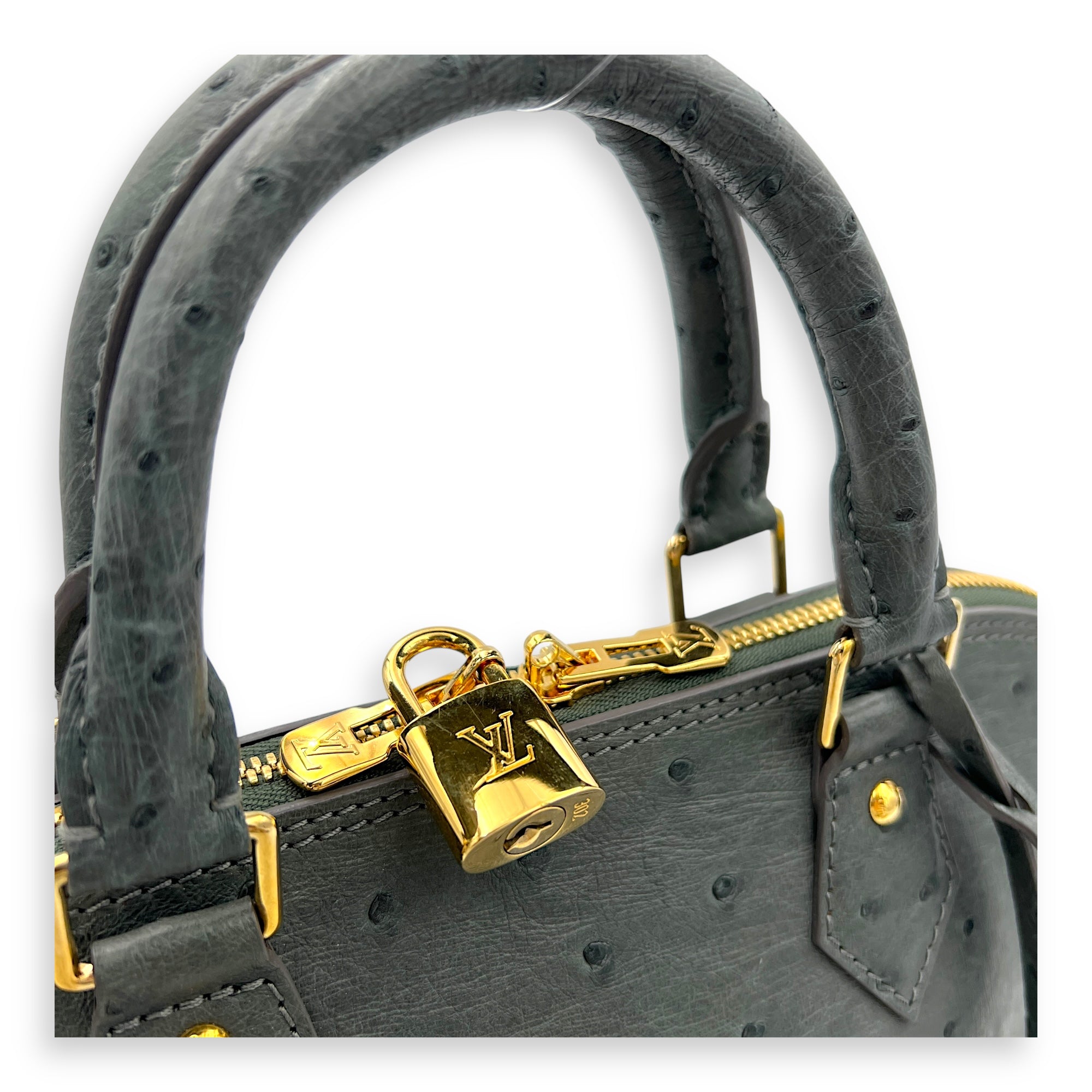 Alma Top Handle Bag PM Grey in Ostrich, Gold hardware
