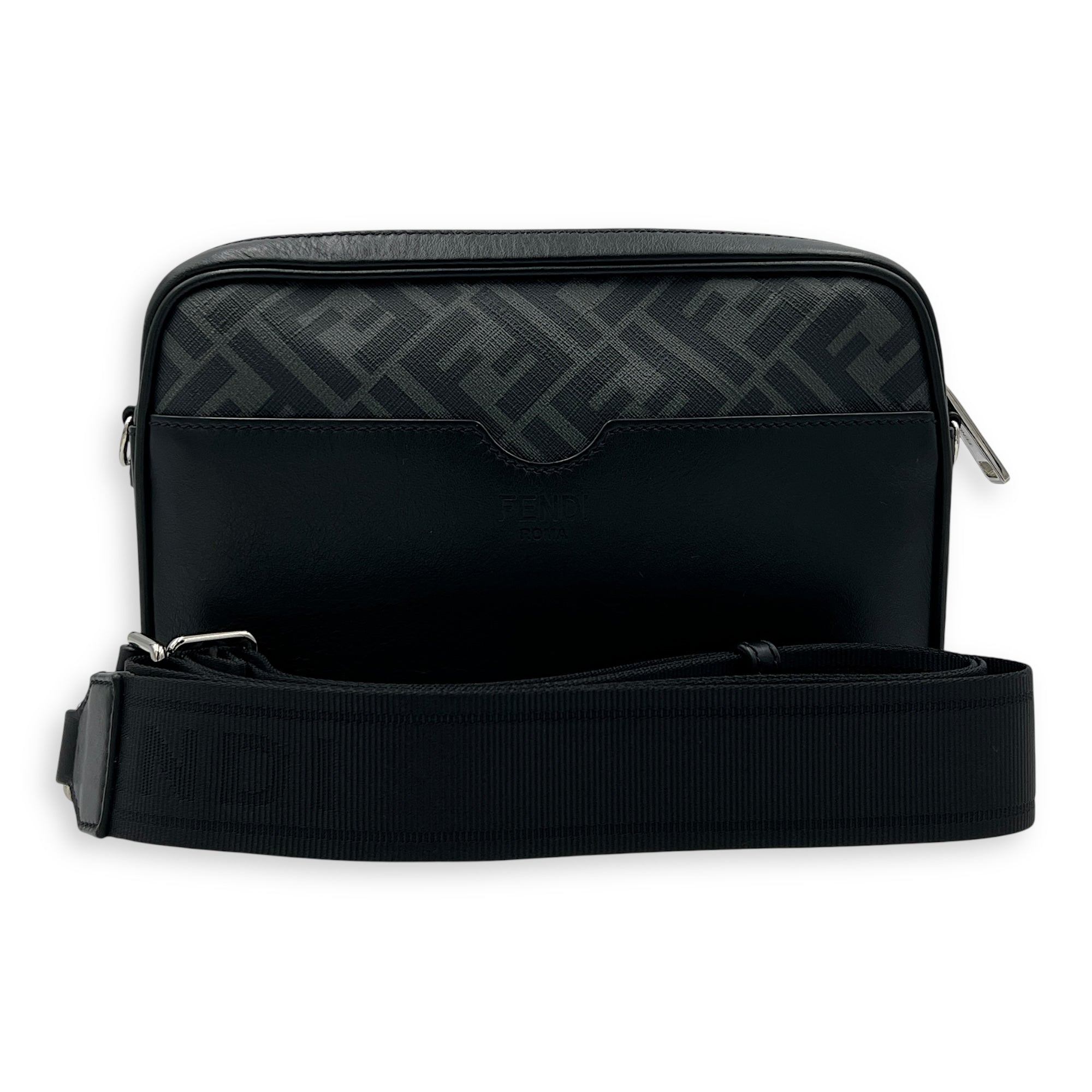 Camera Black Crossbody Bag in Coated Canvas, Silver hardware