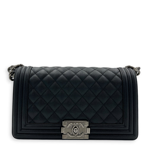 Boy Shoulder Bag Medium Black in Caviar Leather, Ruthenium hardware
