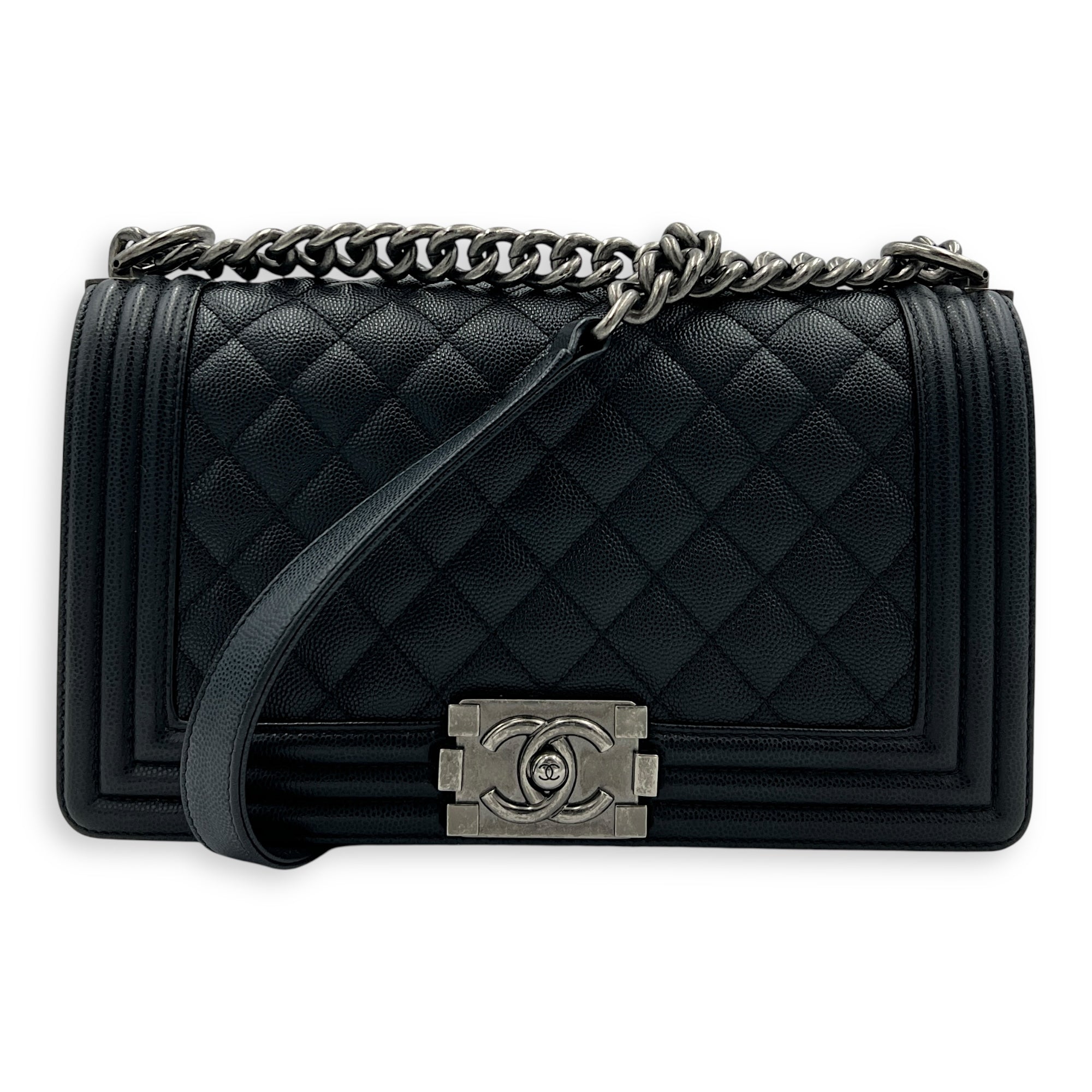 Boy Shoulder Bag Medium Black in Caviar Leather, Ruthenium hardware
