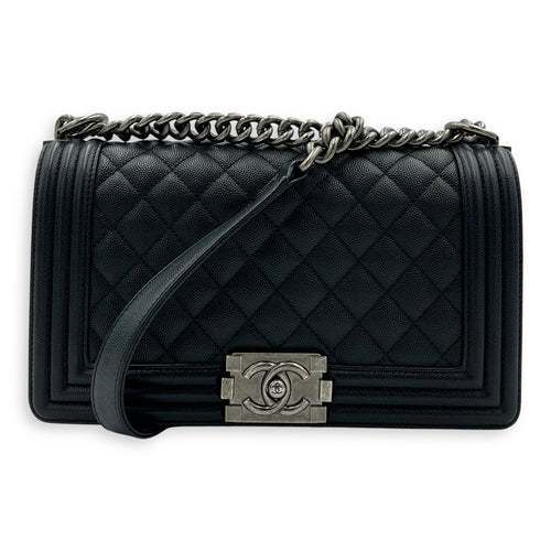 Boy Shoulder Bag Medium Black in Caviar Leather, Ruthenium hardware