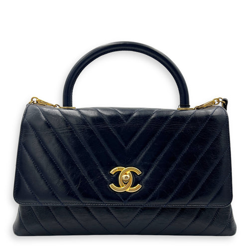 Chevron Top Handle Blue Shoulder Bag in Calfskin, Gold hardware