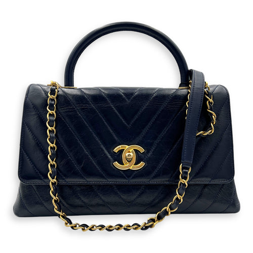 Chevron Top Handle Blue Shoulder Bag in Calfskin, Gold hardware
