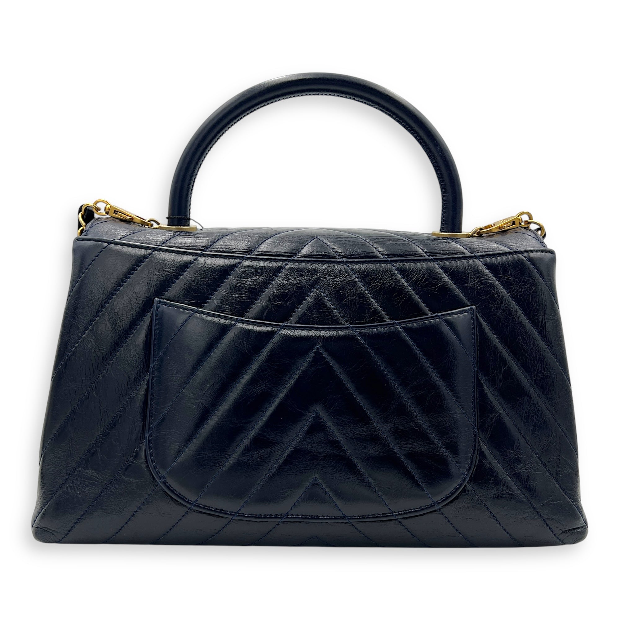 Chevron Top Handle Blue Shoulder Bag in Calfskin, Gold hardware