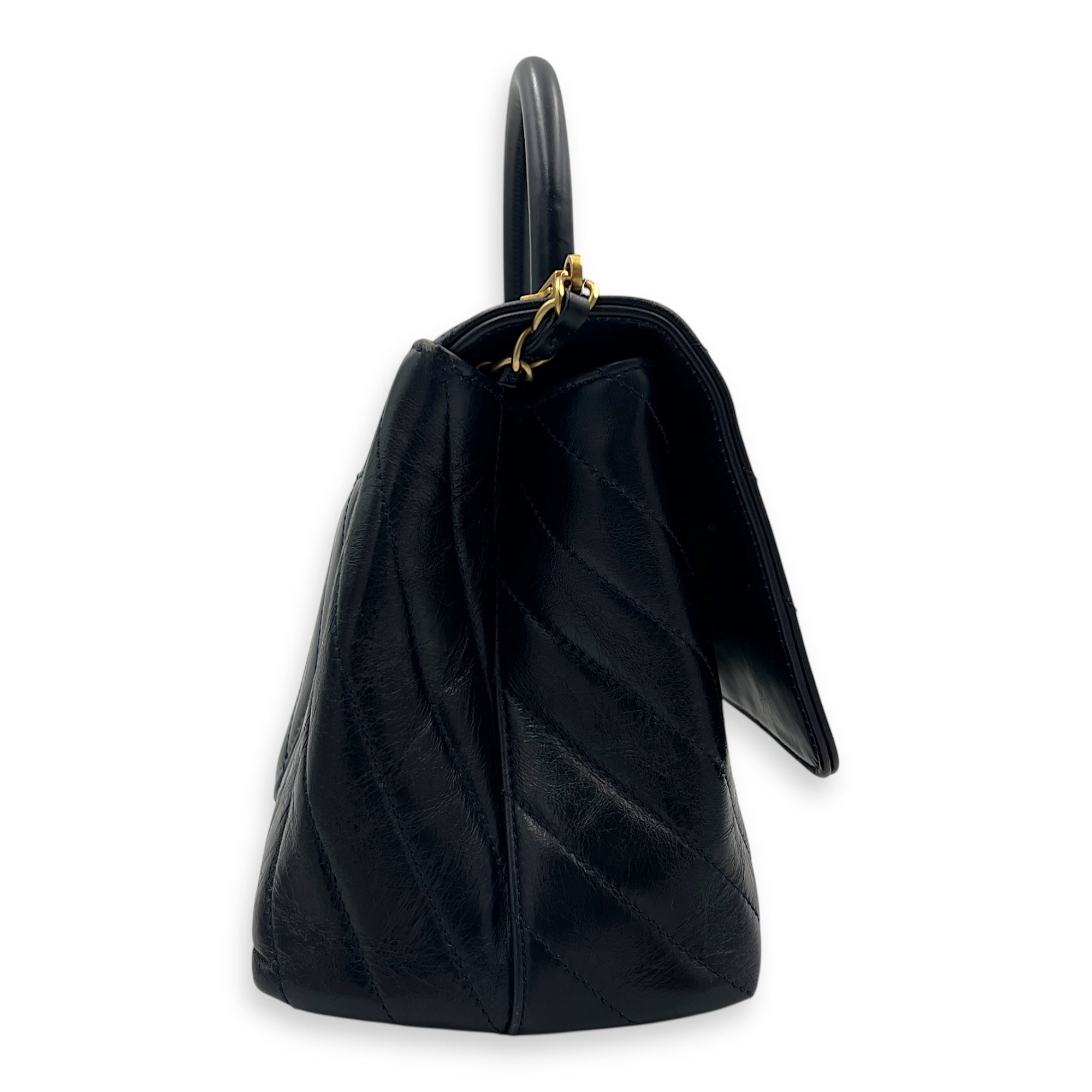 Chevron Top Handle Blue Shoulder Bag in Calfskin, Gold hardware