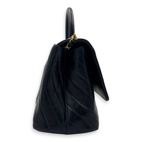 Chevron Top Handle Blue Shoulder Bag in Calfskin, Gold hardware
