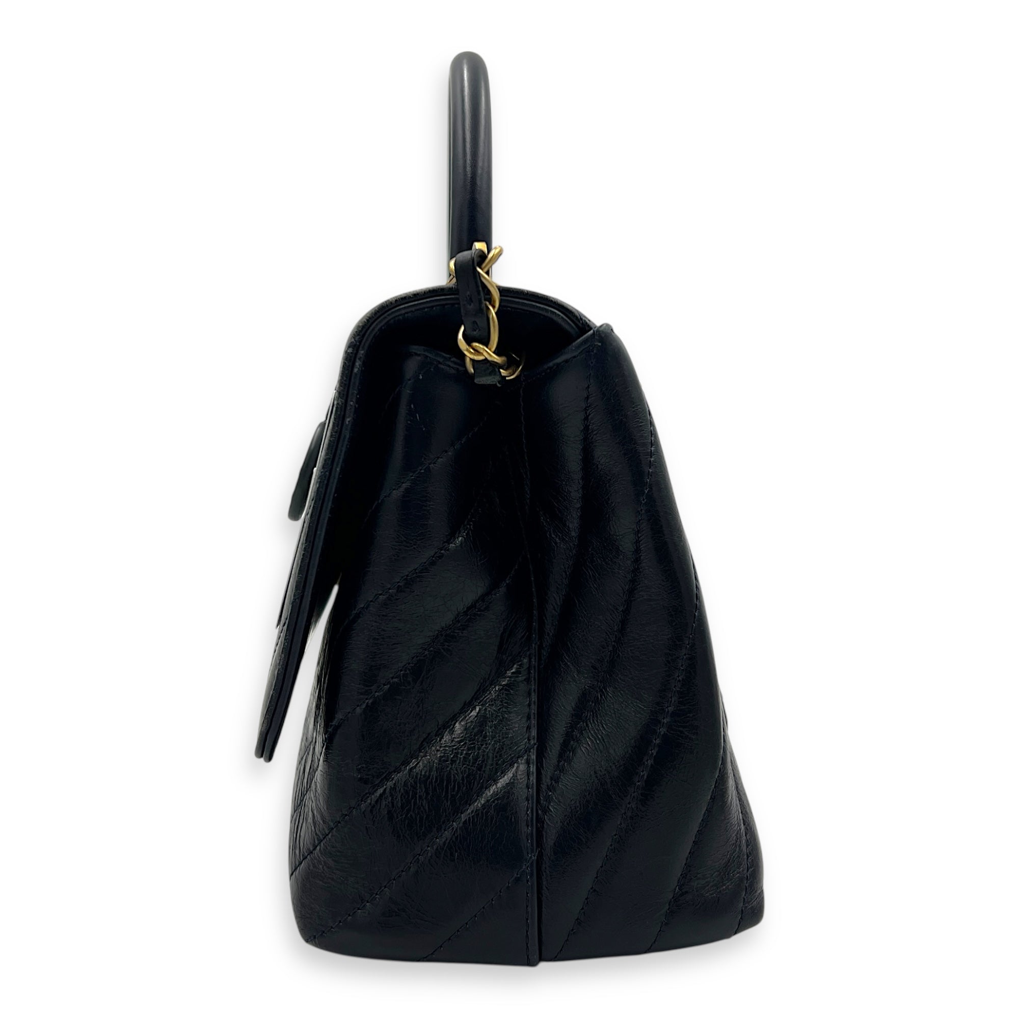 Chevron Top Handle Blue Shoulder Bag in Calfskin, Gold hardware
