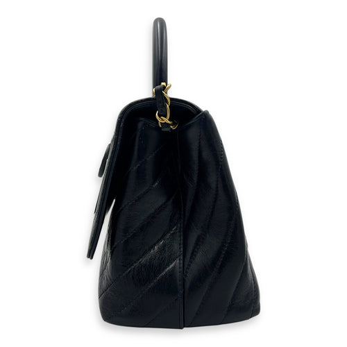 Chevron Top Handle Blue Shoulder Bag in Calfskin, Gold hardware