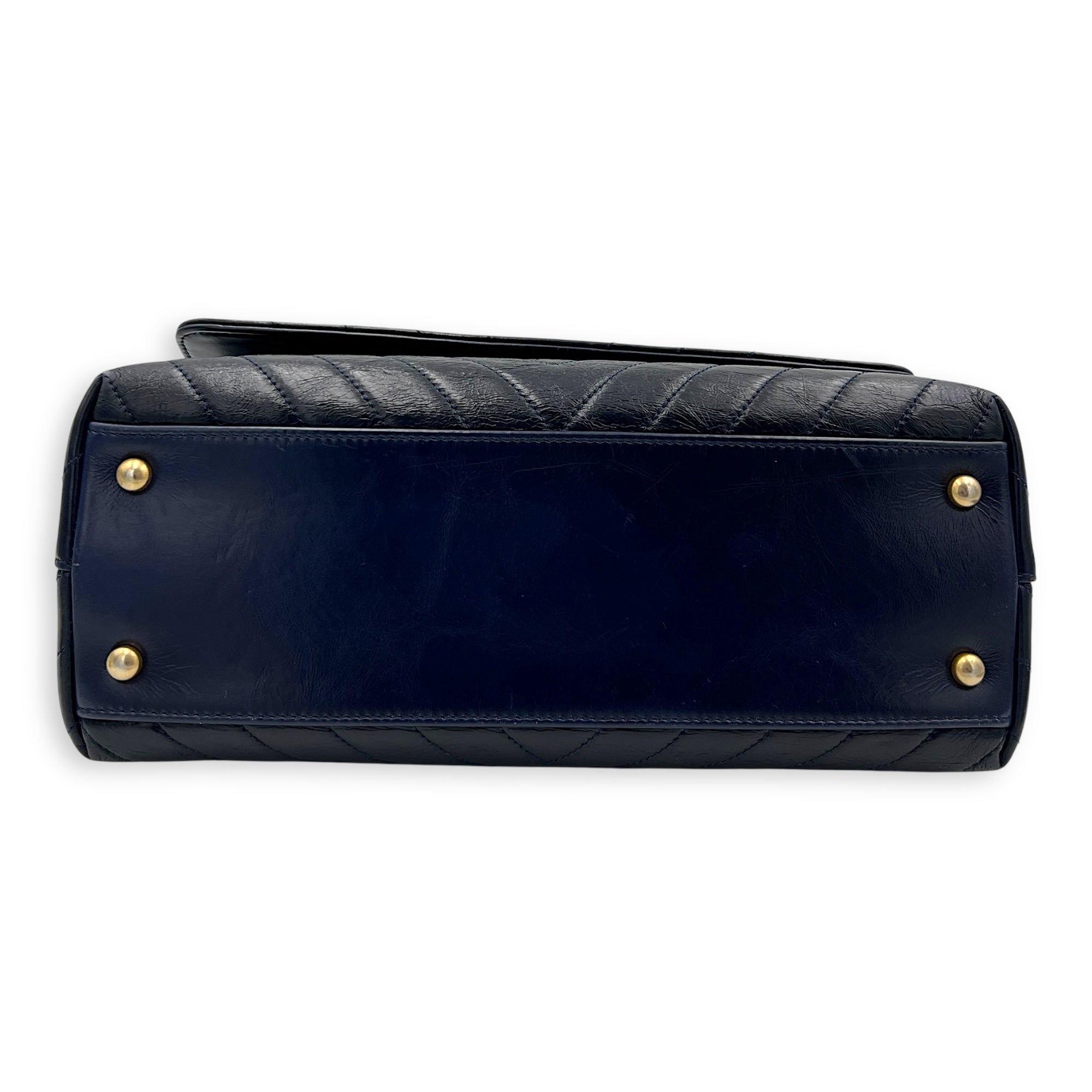 Chevron Top Handle Blue Shoulder Bag in Calfskin, Gold hardware