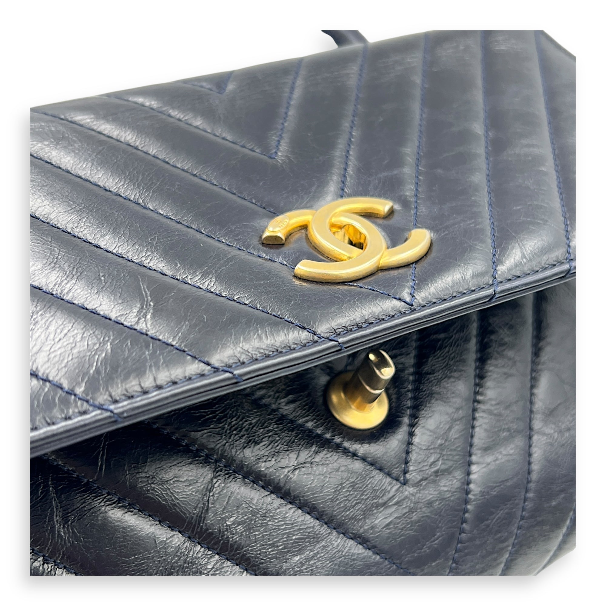 Chevron Top Handle Blue Shoulder Bag in Calfskin, Gold hardware