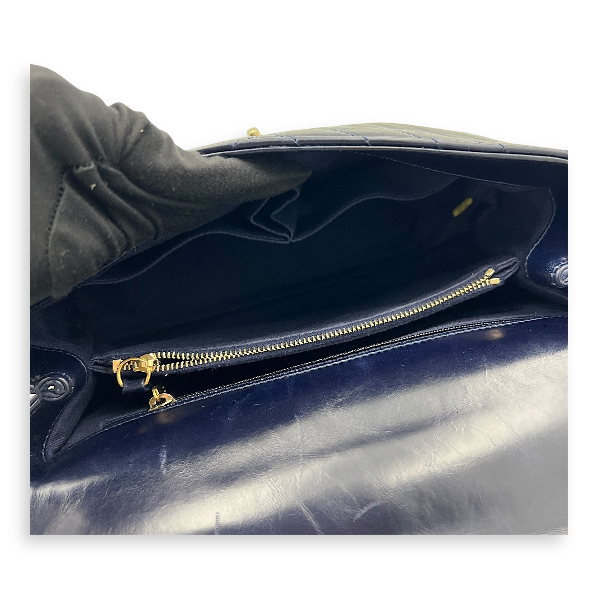 Chevron Top Handle Blue Shoulder Bag in Calfskin, Gold hardware