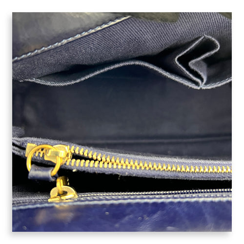 Chevron Top Handle Blue Shoulder Bag in Calfskin, Gold hardware
