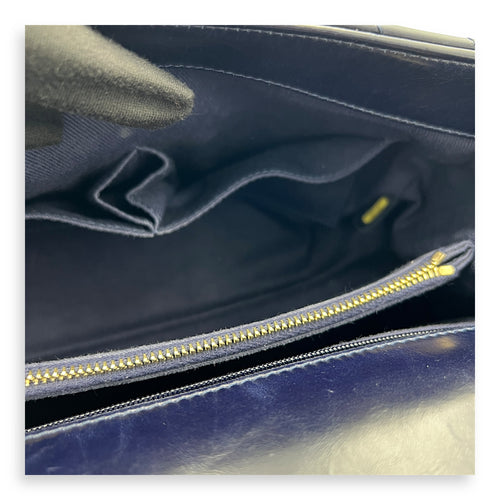 Chevron Top Handle Blue Shoulder Bag in Calfskin, Gold hardware
